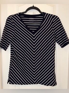 Talbots Women’s Navy & White V-Neck Striped Short Sleeve Top